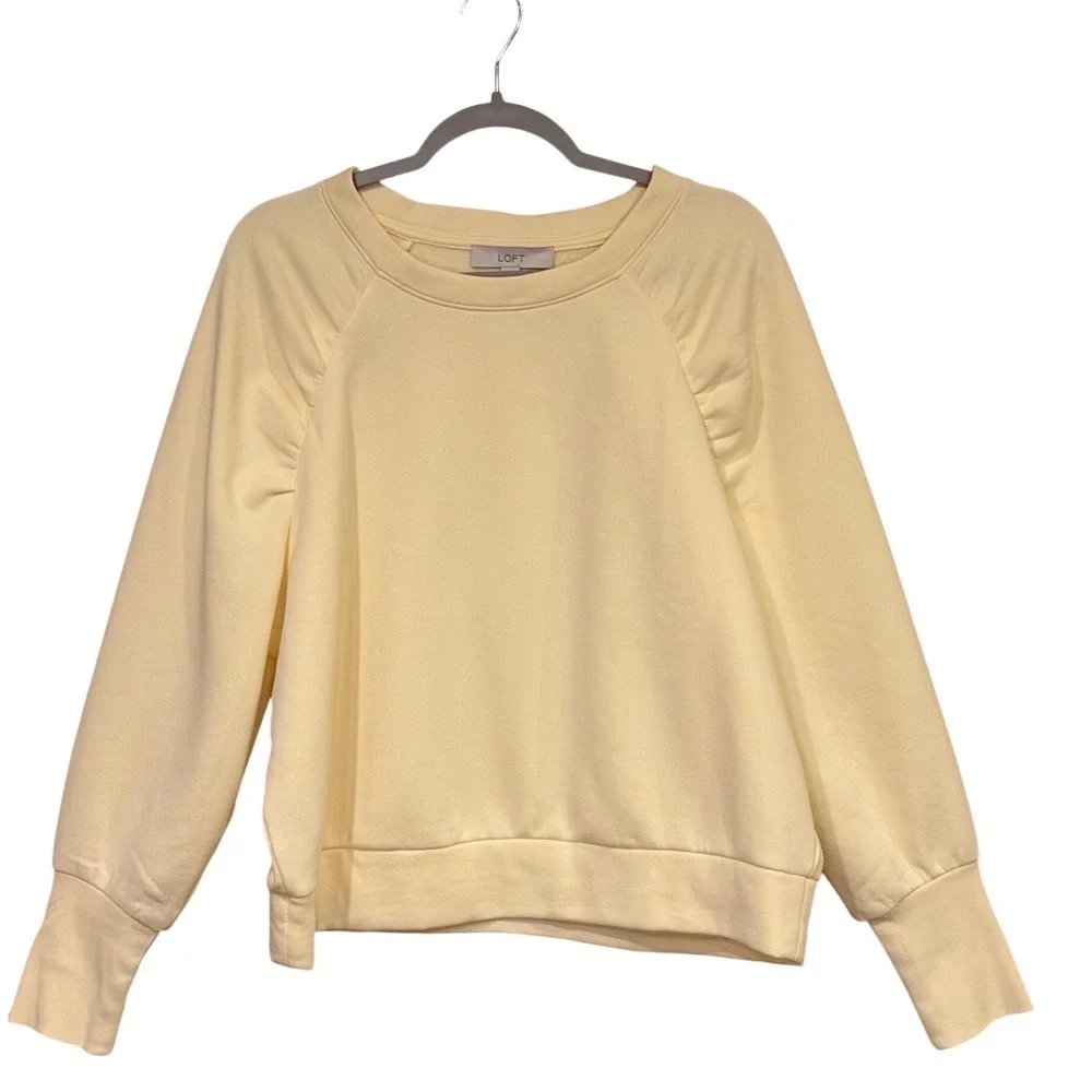 LOFT Women Sweatshirt Yellow Large Puff Shoulder Raglan Long Sleeve Fleece Crew - Picture 2 of 6